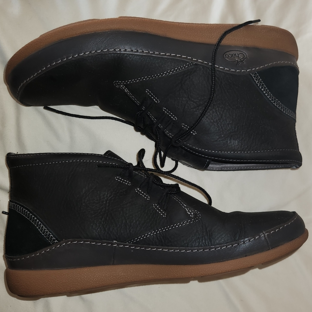 Chaco lace up boots. Black leather upper, size 11